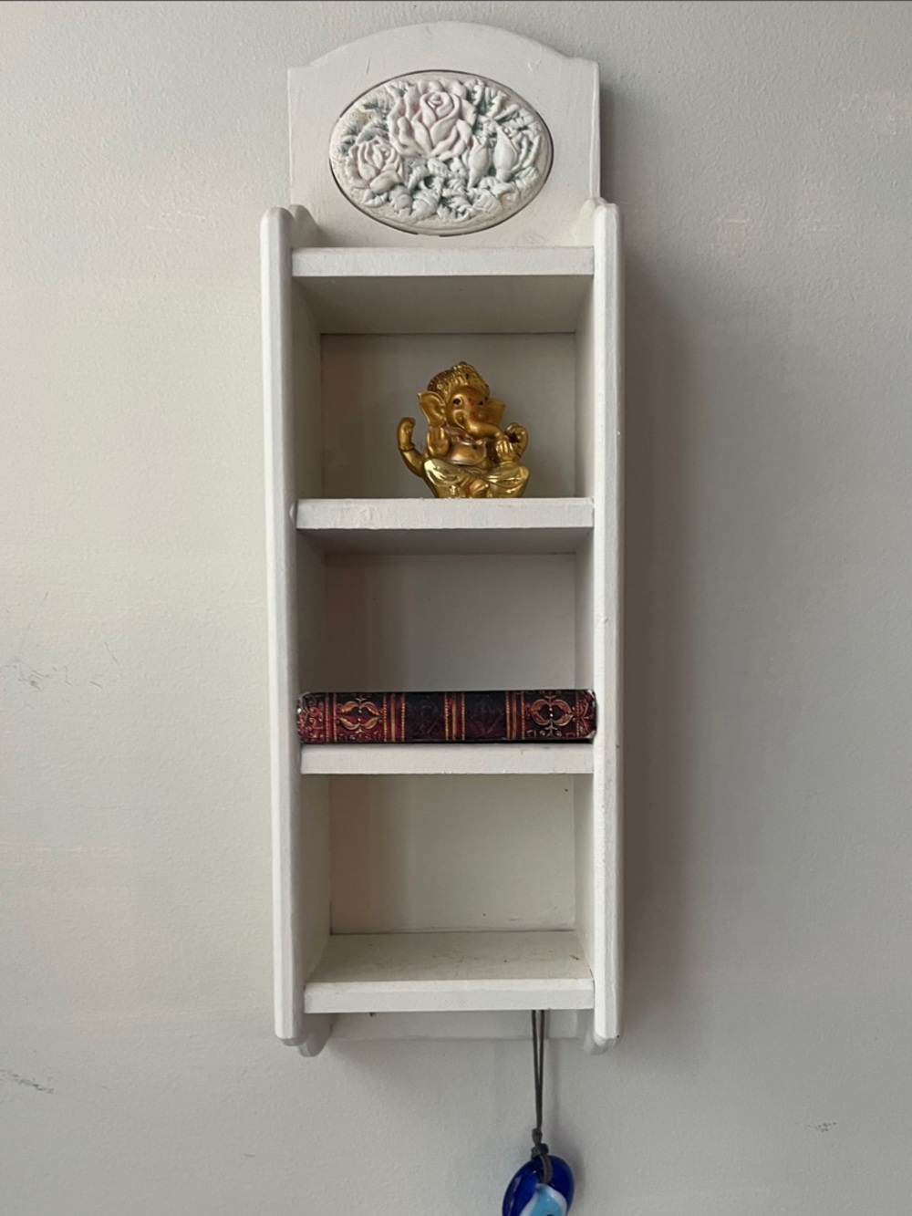 Off White / cream painted decorative Wood Wall Shelf w hooks -
